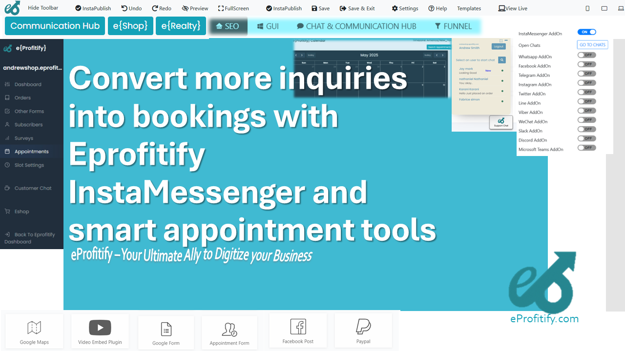 Convert more inquiries into bookings with Eprofitify InstaMessenger and smart appointment tools